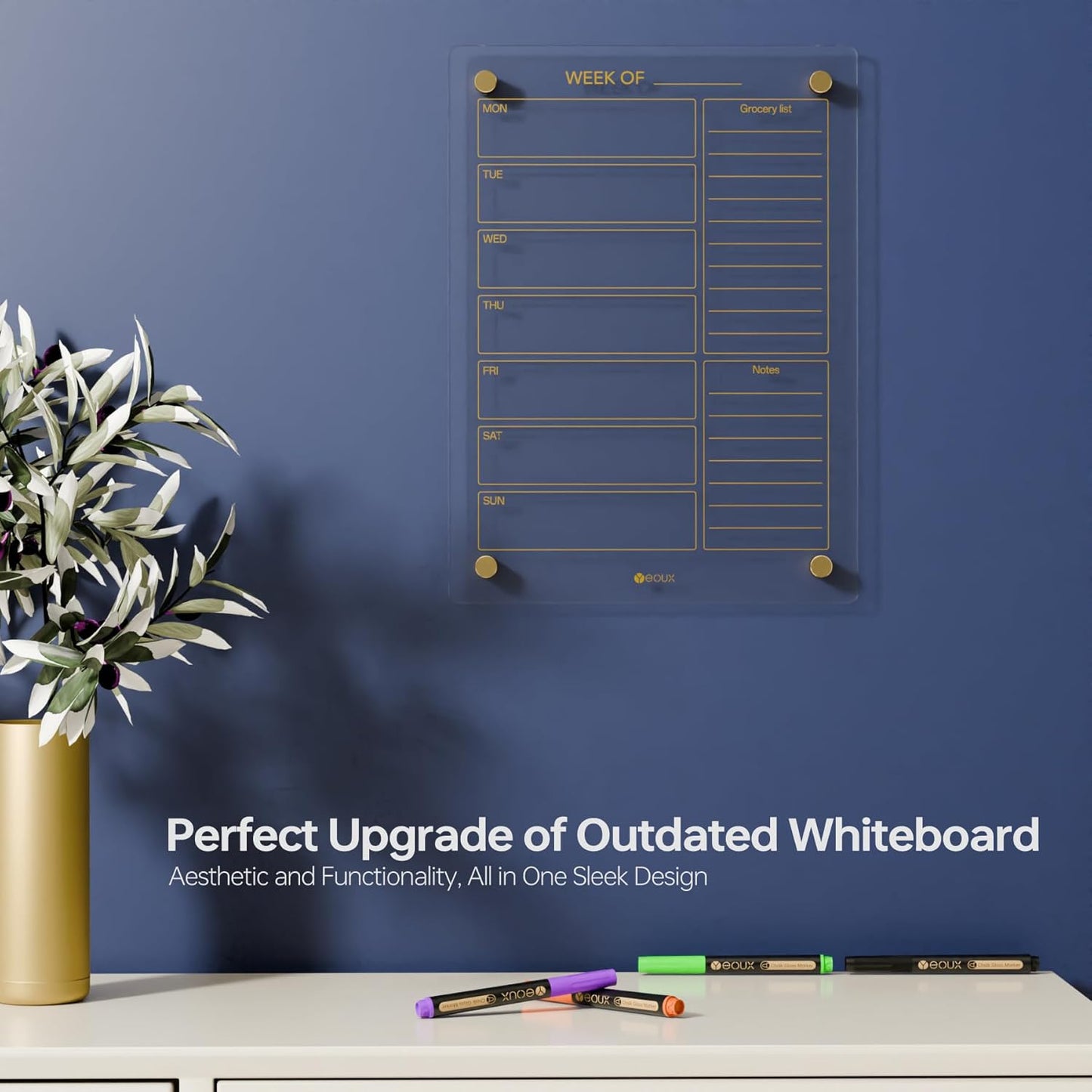 Glass Golden Weekly Dry Erase Calendar & Menu Whiteboard for Wall, Meal Planning & Grocery Shopping List White Board for Kitchen, 15x11, 7 Days Planner for Home, 4 Wet Erase Markers Included, Yeoux*