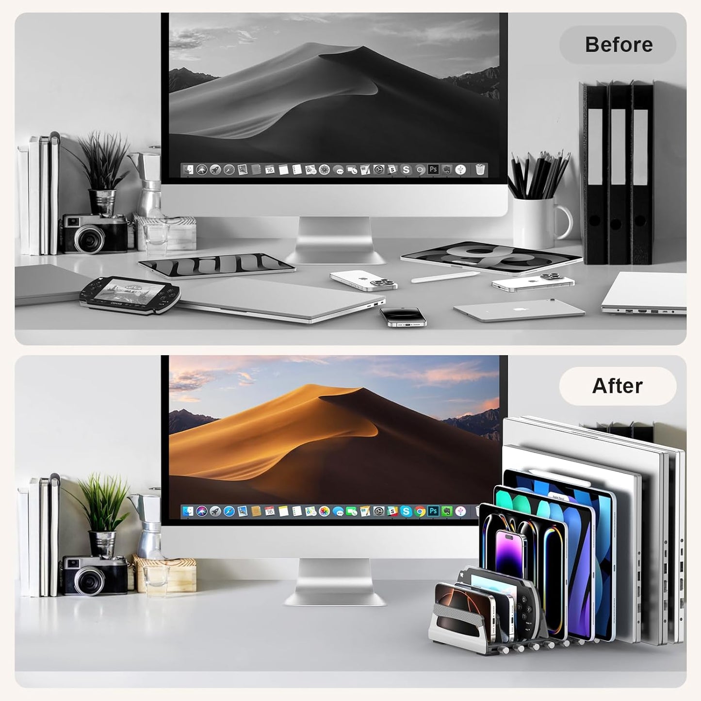 Elestoria 10-Slot Vertical Laptop Stand & Holder – Adjustable Aluminum Laptop Stand Vertical for Desk Fits 10 Devices, MacBook & Gaming Laptops (Up to 17.3”) – Space Saving Laptop Storage Rack - Grey