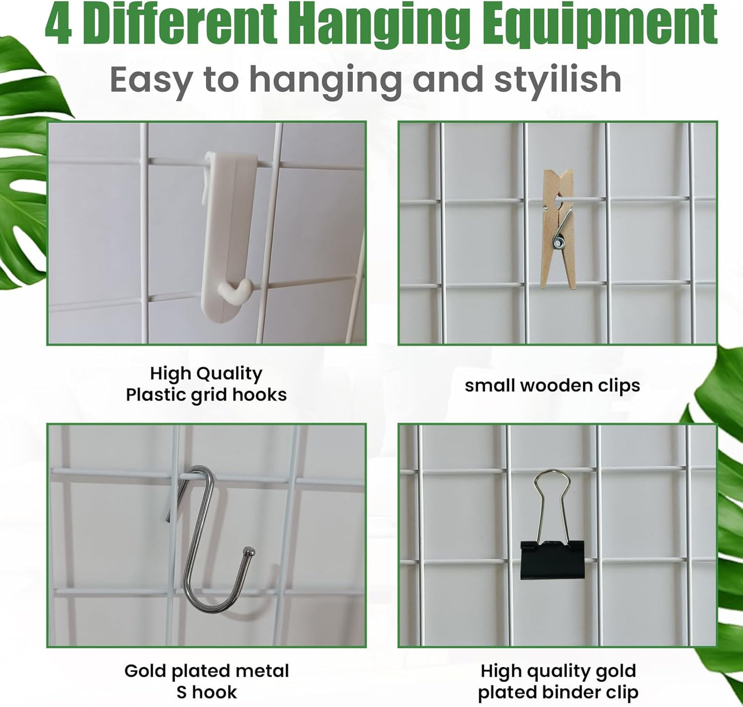 CIKLCIX Metal Grid Wall Panel, Wire Grid Photo Display Organizer, 17.3"×11.8" Gold Wire Board Grid Wall, Grid Picture Frame, 2-Pack Wire Mesh Memo Board With Clips and Hooks