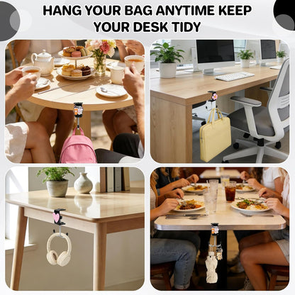 AULEEP 2 Pack Clamp-On Under Desk Bag Hook, Adjustable Purse Holder for Table with Cute DIY Stickers, 100 lbs Capacity Heavy-Duty Desk Organizer Hooks for Handbag, Backpack, Headphone, Black