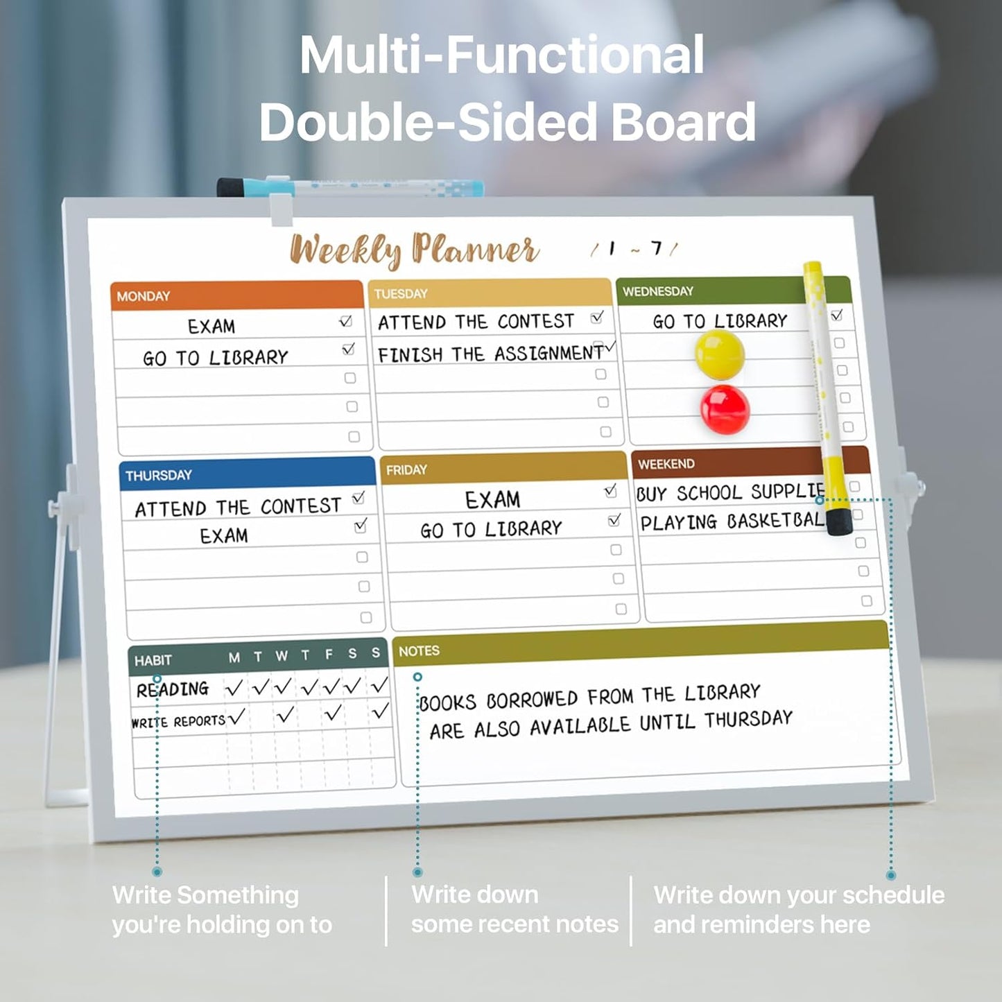 Marsrock Dry Erase White Board with Stand,Double-Sided Weekly Whiteboard 16"x12", 10 Markers, 6 Magnets, 1 Eraser, Portable Desktop Whiteboard for Planning,Weekly Schedule Board for School for Home