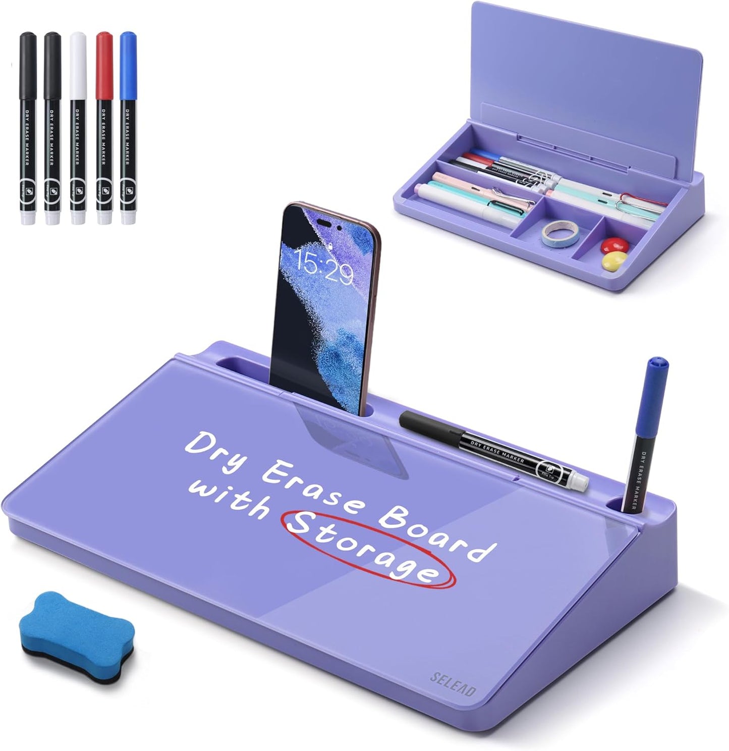 SELEAD Desktop Glass Whiteboard with Wireless Charger Station, Dry Erase Board Computer Pad Keyboard Stand with Organizer for Home, School, Office Desk Accessories, Black
