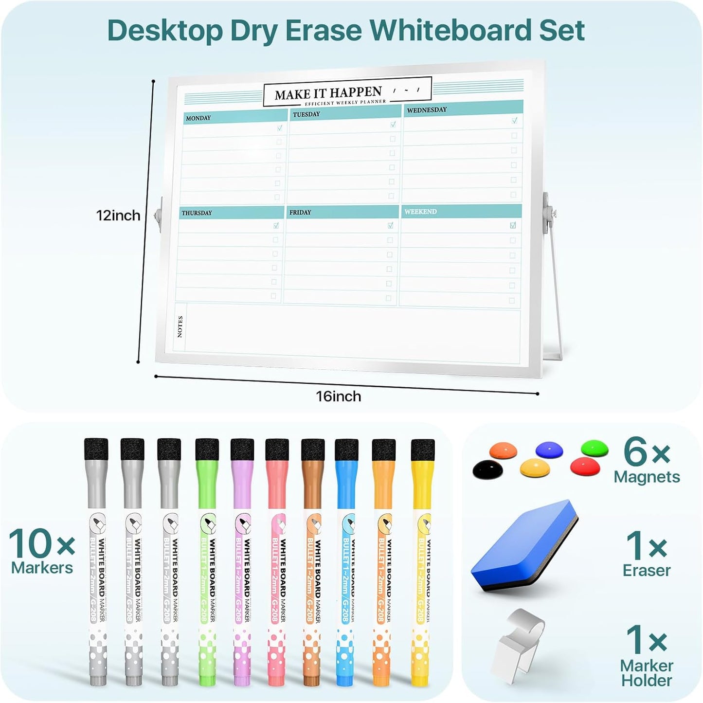 Marsrock Dry Erase White Board with Stand,Double-Sided Weekly Whiteboard 16"x12", 10 Markers, 6 Magnets, 1 Eraser, Portable Desktop Whiteboard for Planning,Weekly Schedule Board for School for Home