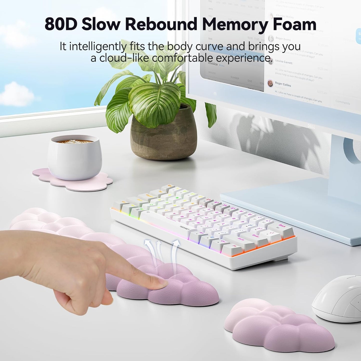 TECKNET Cloud Keyboard Wrist Rest Set, Cloud Wrist Rest with Non-Slip Base, PU Leather Wrist Pad for Keyboard with Ergonomic Memory Foam for Computer Laptop Office Gaming and Pain Relief, White
