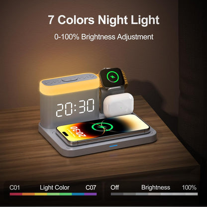 ANJANK Wireless Charging Station,5 in 1 Multiple Charger Stand with Alarm Clock,7 Night Light,Magnetic Charging Dock for iPhone 17 16 15 14 13 12 Pro Max Plus,Apple Watch 11/10/9/8,for Airpods,Bedroom
