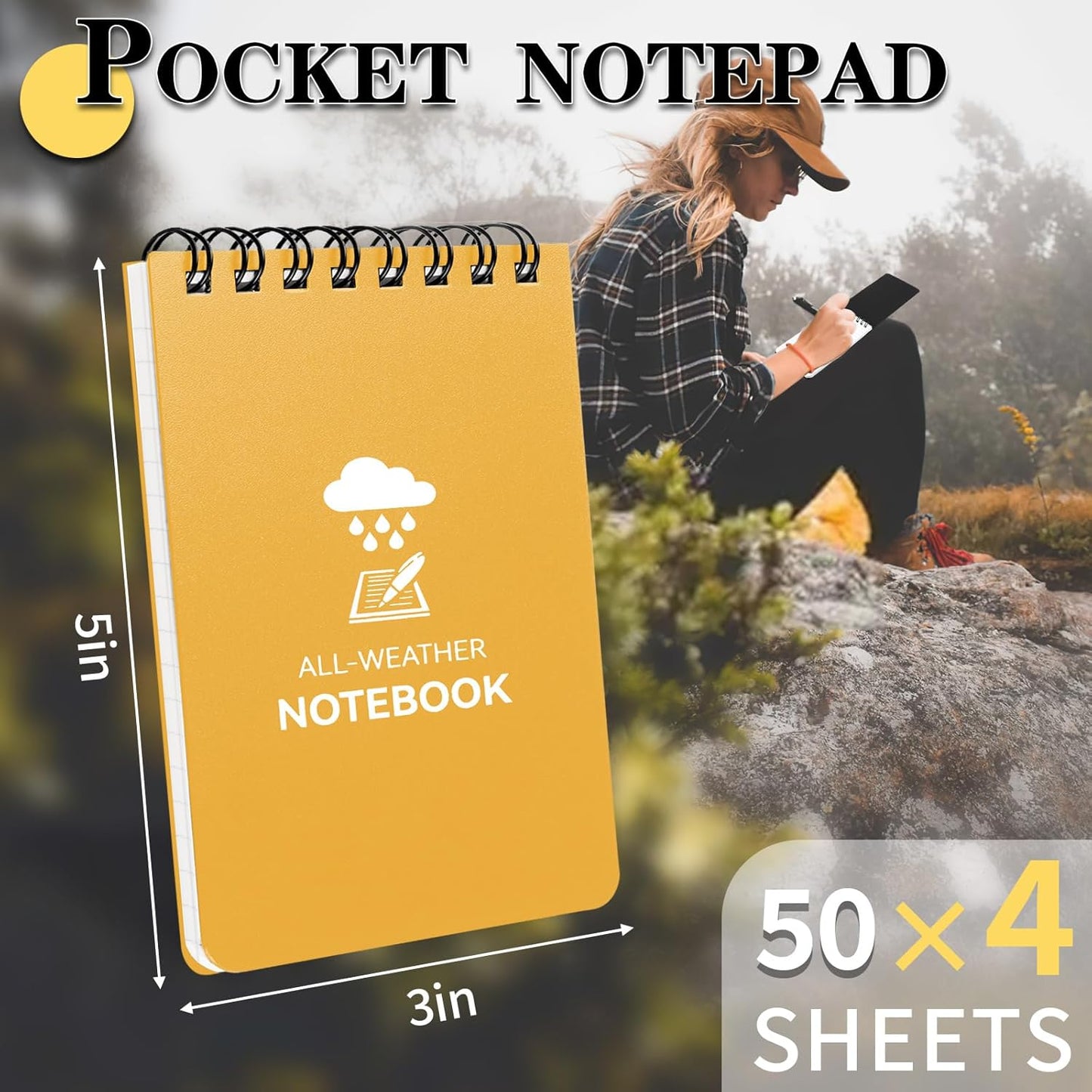 COIDEA Waterproof Notebook, 4 Pack Top-Spiral Pocket Notepad, 3" x 5" Weatherproof NotePad, All Weather Police Pocket Notebook Little Memo Steno Note Pads for Outdoor Office School Recording, Black