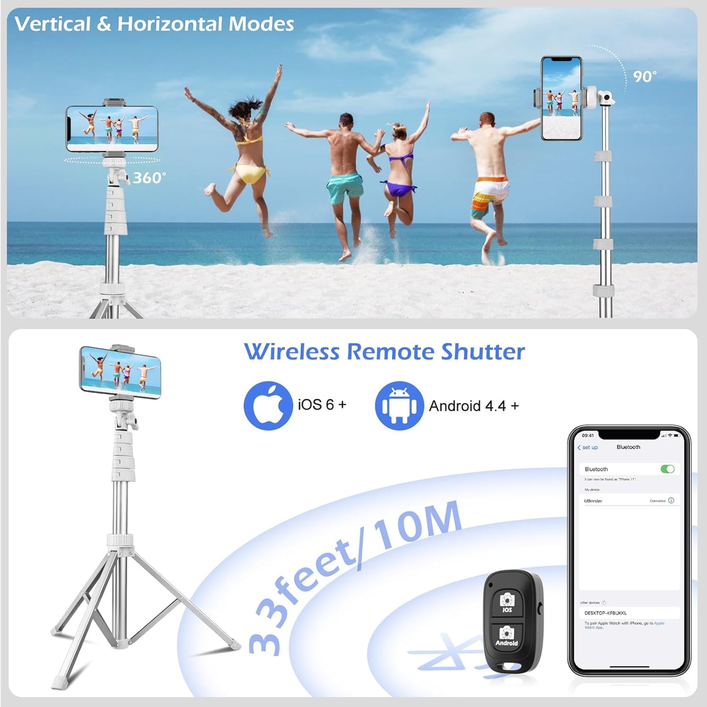 SENSYNE 62" Phone Tripod & Selfie Stick, Extendable Cell Phone Tripod Stand with Wireless Remote and Phone Holder, Compatible with iPhone Android Phone, Camera
