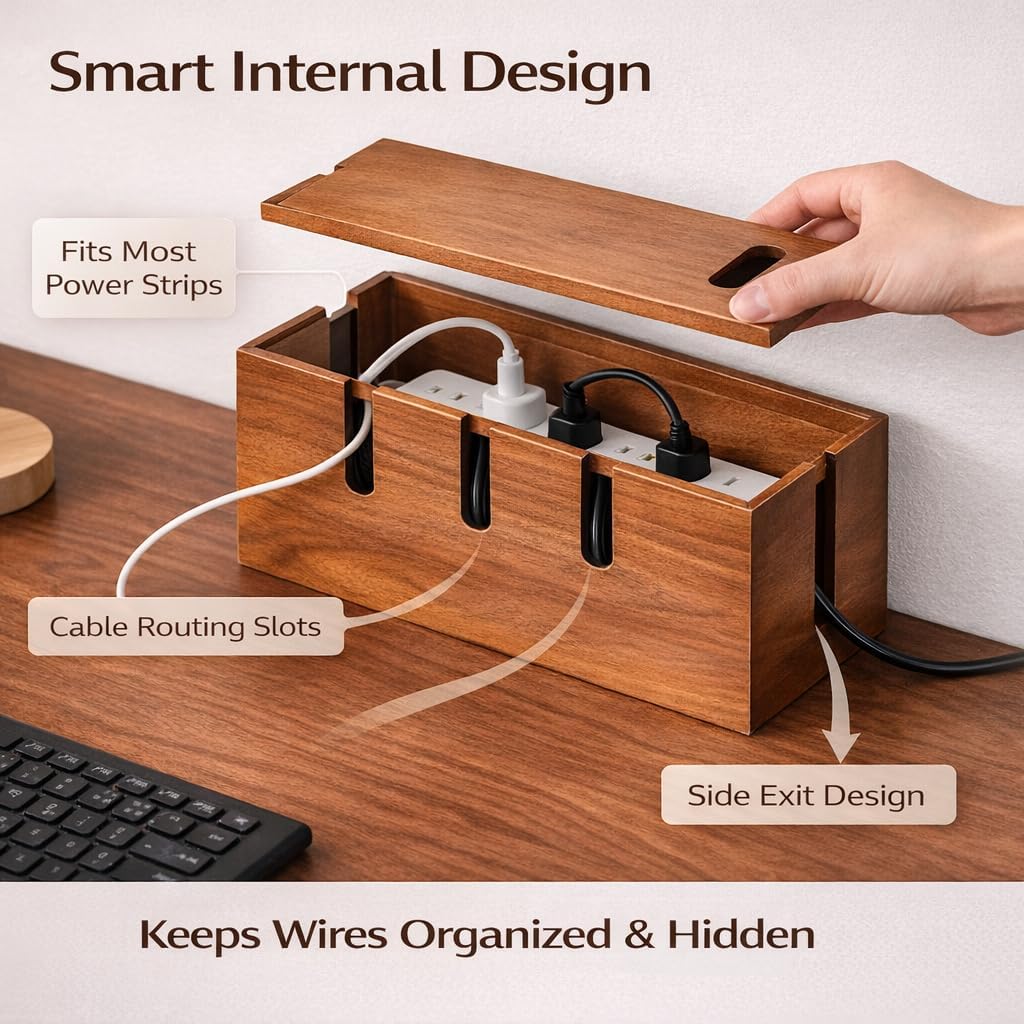 Wood Cable Management Box for Desk & TV – Cable Organizer Box to Hide Cords, Power Strips & Chargers, Decorative Cord Hider, Includes 20 Reusable Cable Ties