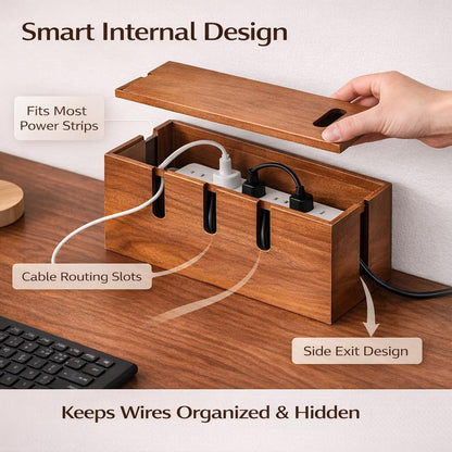 Wood Cable Management Box for Desk & TV – Cable Organizer Box to Hide Cords, Power Strips & Chargers, Decorative Cord Hider, Includes 20 Reusable Cable Ties