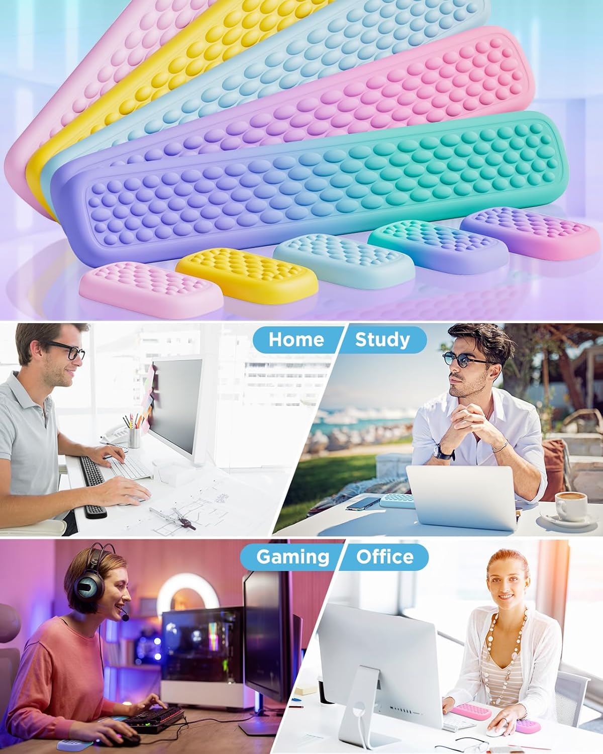Lekvey Ergonomic Wrist Rest for Computer Keyboard - Memory Foam with Massage Points & Waterproof PU Leather Wrist Pad, Carpal Tunnel Support for Office/Gaming, Typing Pain Relief, Easy-Clean（Blue）