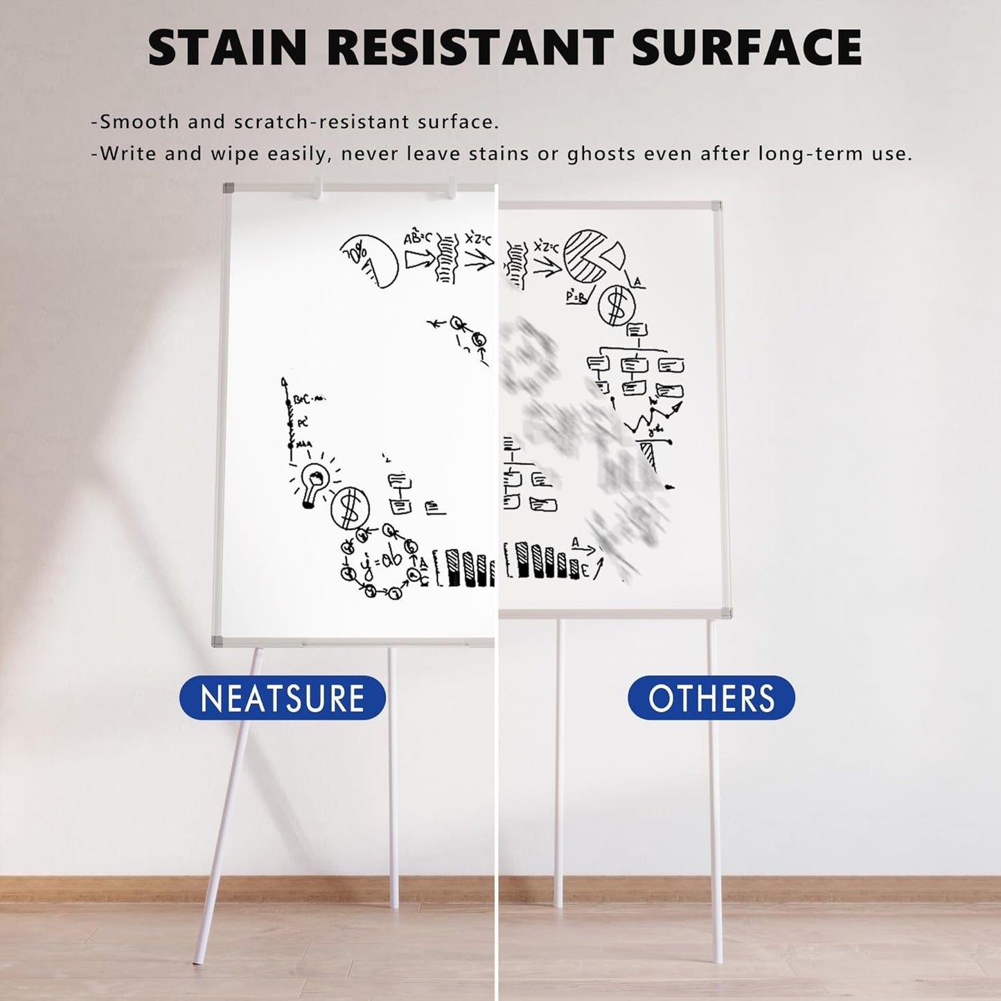 Large Whiteboard Easel with Stand, 36" x 24" Portable Standing Magnetic Dry Erase White Board, 3' x 2' Tripod Height Adjustable Flip Chart Easel for Home Office Classroom School, Silver