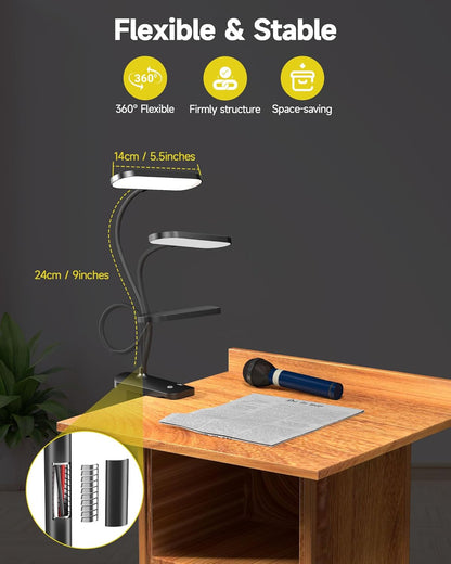 CUHIOY Desk Lamp Clip on Reading Light, USB-C Battery-Operated Rechargeable Table Lamps with Clamp for Dorm Home Office, 38LEDs Bed Headboard Light, 5 Colors 5 Brightness, Flexible Gooseneck (Black)