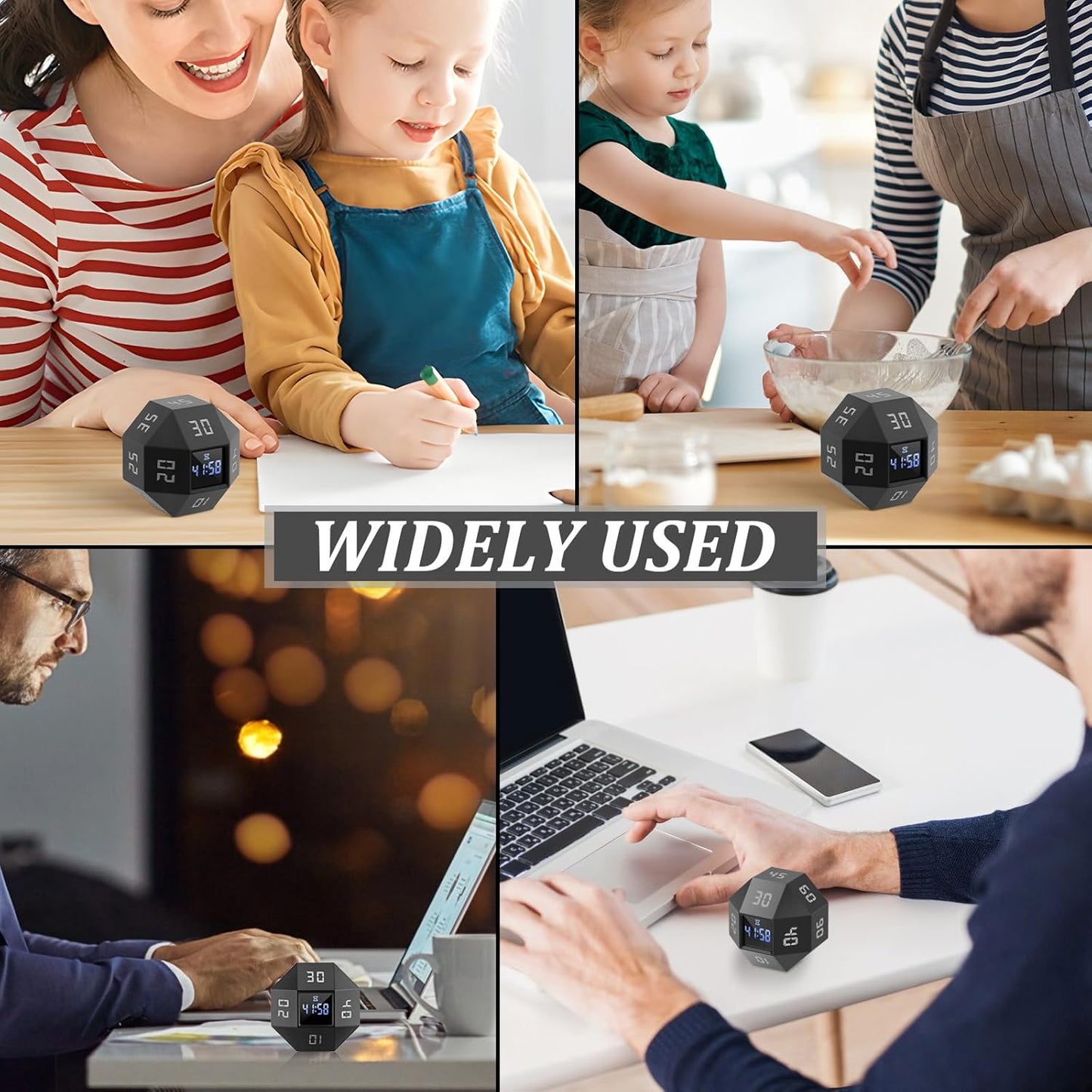 Cube Timer, ABS Rotating Pomodoro Timer Time Management Cube with 12 Side Time Module Rechargeable Pomodoro Timer 3 Alarm Reminder Modes Cube Timer Suitable for Bedroom