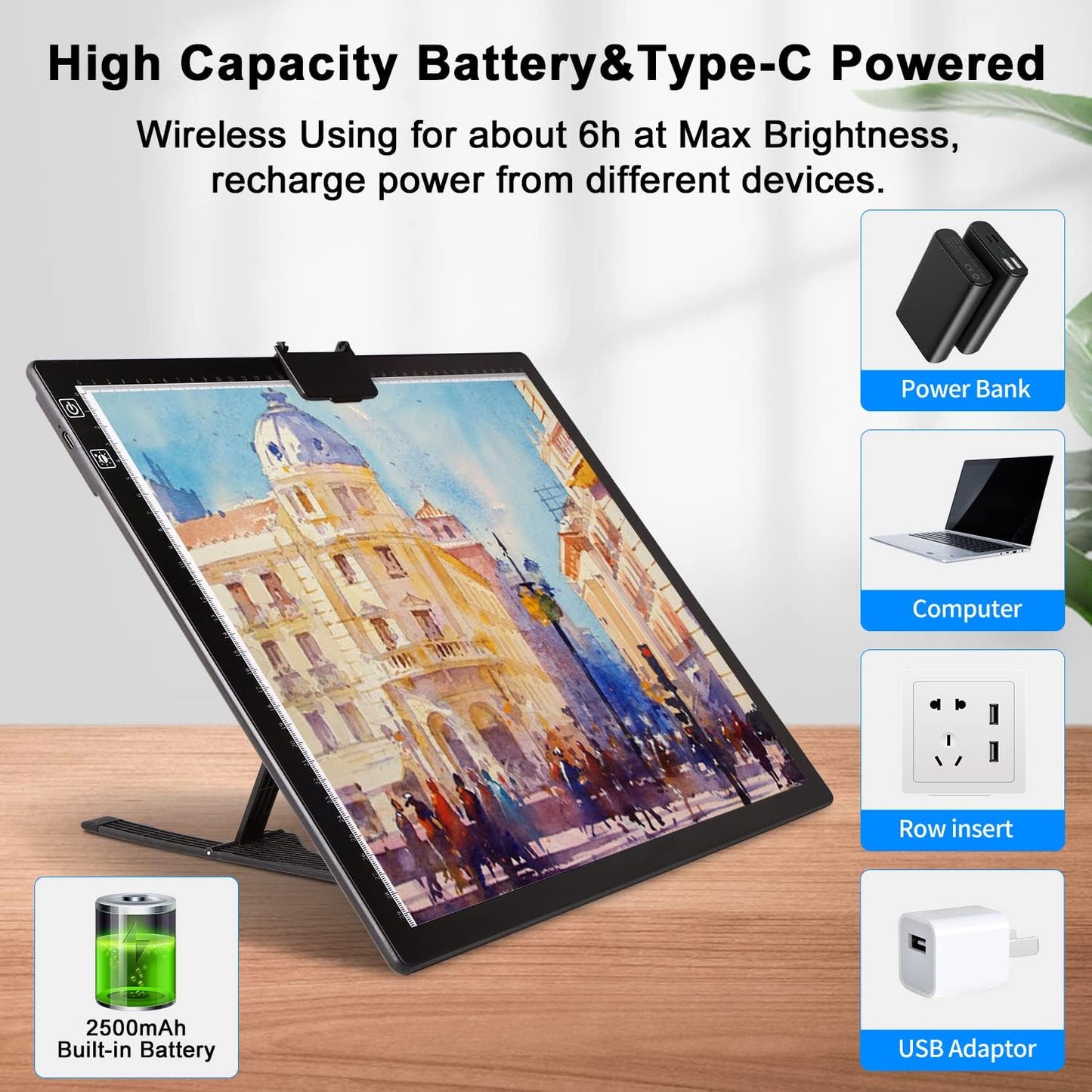 Rechargeable A4 Light Pad with Innovative Stand and Top Clip, Elice Wireless Bright Light Tracing Board Portable LED Artcraft Tracer Box for Artists, Drawing, Cricut Weeding Vinyl, Diamond Painting