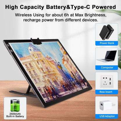 Rechargeable A4 Light Pad with Innovative Stand and Top Clip, Elice Wireless Bright Light Tracing Board Portable LED Artcraft Tracer Box for Artists, Drawing, Cricut Weeding Vinyl, Diamond Painting