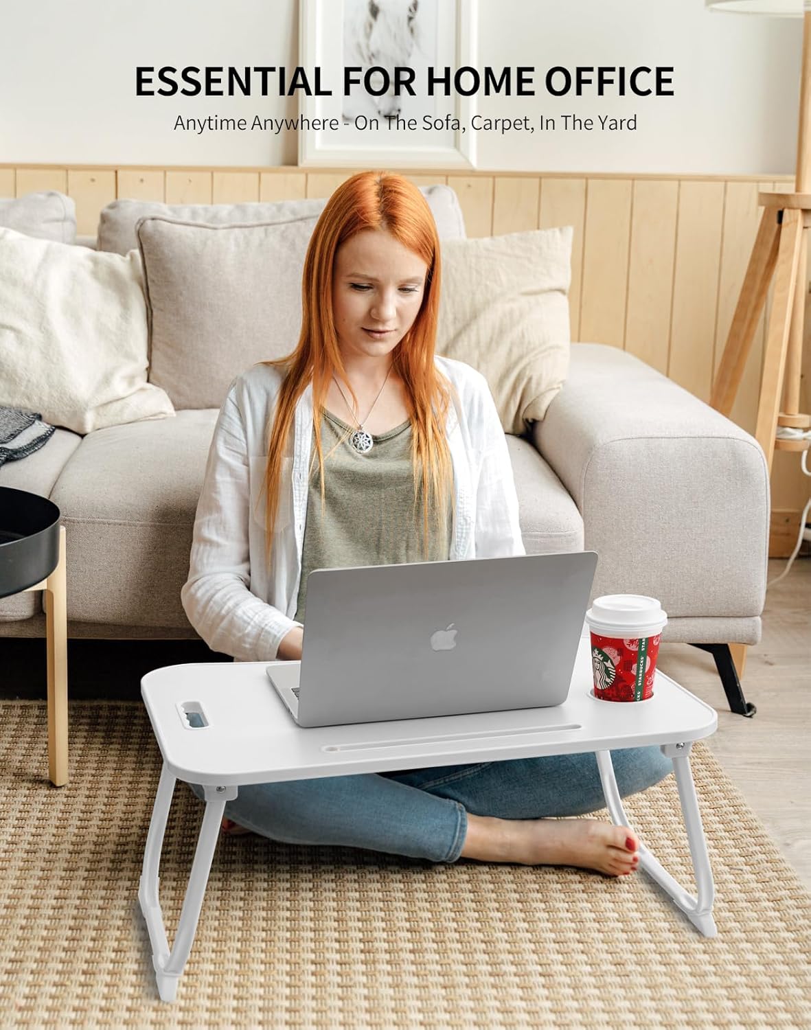 ZEAPTAC Laptop Bed Desk, Foldable Lap Desk, Portable Lap Table, Laptop Stand with Cup Holder, Tablet Slot & Lifting Handle for Work, Write, Draw & Eat on Bed, Sofa or Couch - Pink