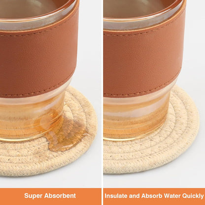 4.8" Drink Cotton Coasters Set of 2 – Boho Woven Drink Pads for Coffee & Tea, Neutral Sandstone Blend Fabric Cup Mats for Desk, Table, Nightstand, Dorm, Giftable Absorbent Coaster Set (Latte)