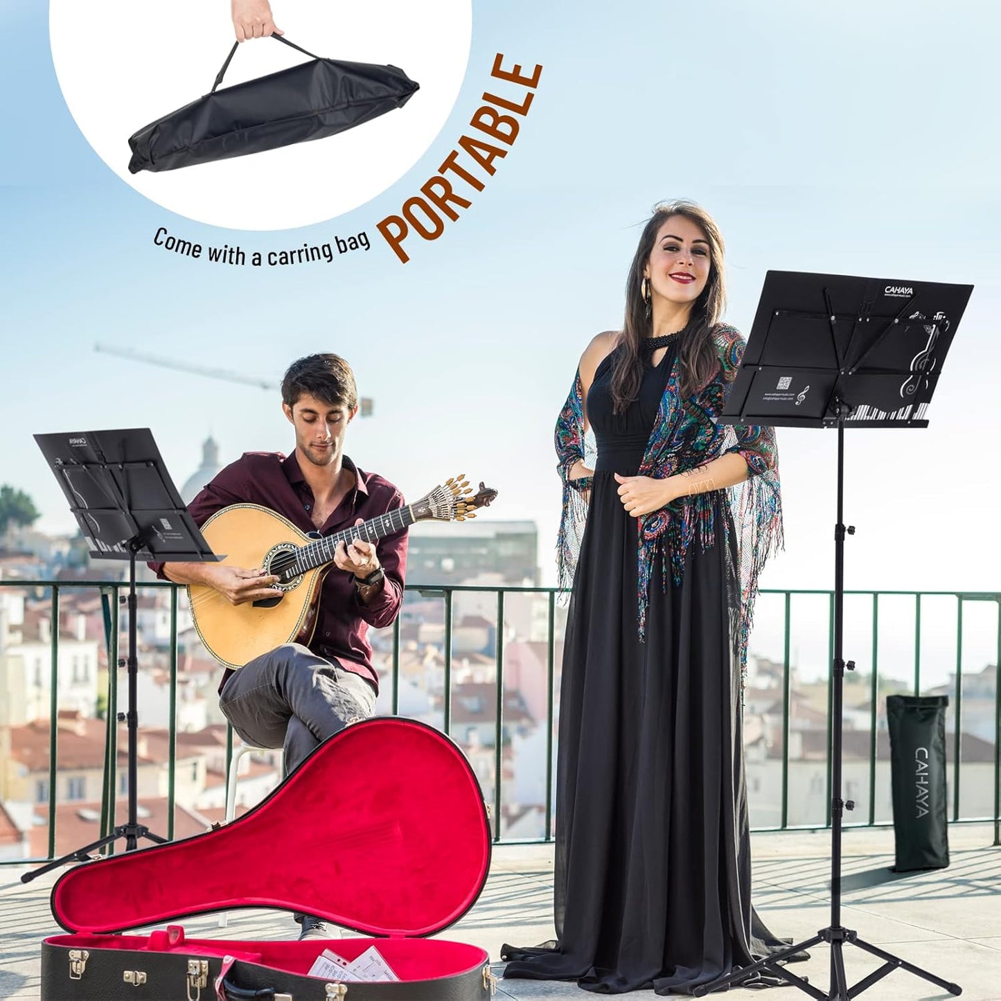 CAHAYA Portable Sheet Music Stand: Dual Use Desktop Book Holder Folding Lightweight Extra Stable Reinforced with Carrying Bag and Clip for Students Musicians Height Adjustable up to 54.3" CMS0204