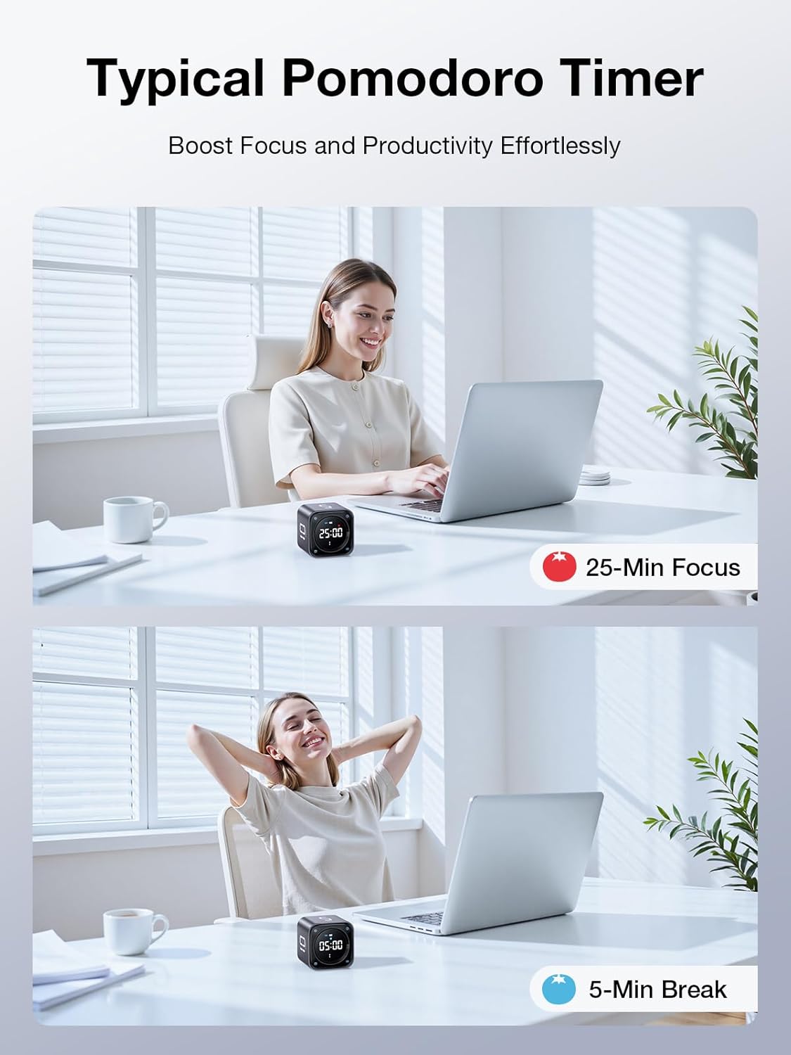 Ticktime TK3 Pomodoro Timer Cube, Productivity Timer, 5/10/30/60 Min Presets, Custom Countdown, Stopwatch & Clock, Triple Alarms, Silent/Vibration/Sound Alerts, Rechargeable for ADHD Study Task, Black