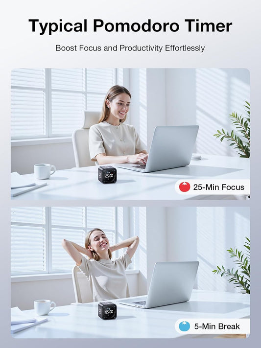 Ticktime TK3 Pomodoro Timer Cube, Productivity Timer, 5/10/30/60 Min Presets, Custom Countdown, Stopwatch & Clock, Triple Alarms, Silent/Vibration/Sound Alerts, Rechargeable for ADHD Study Task, Black