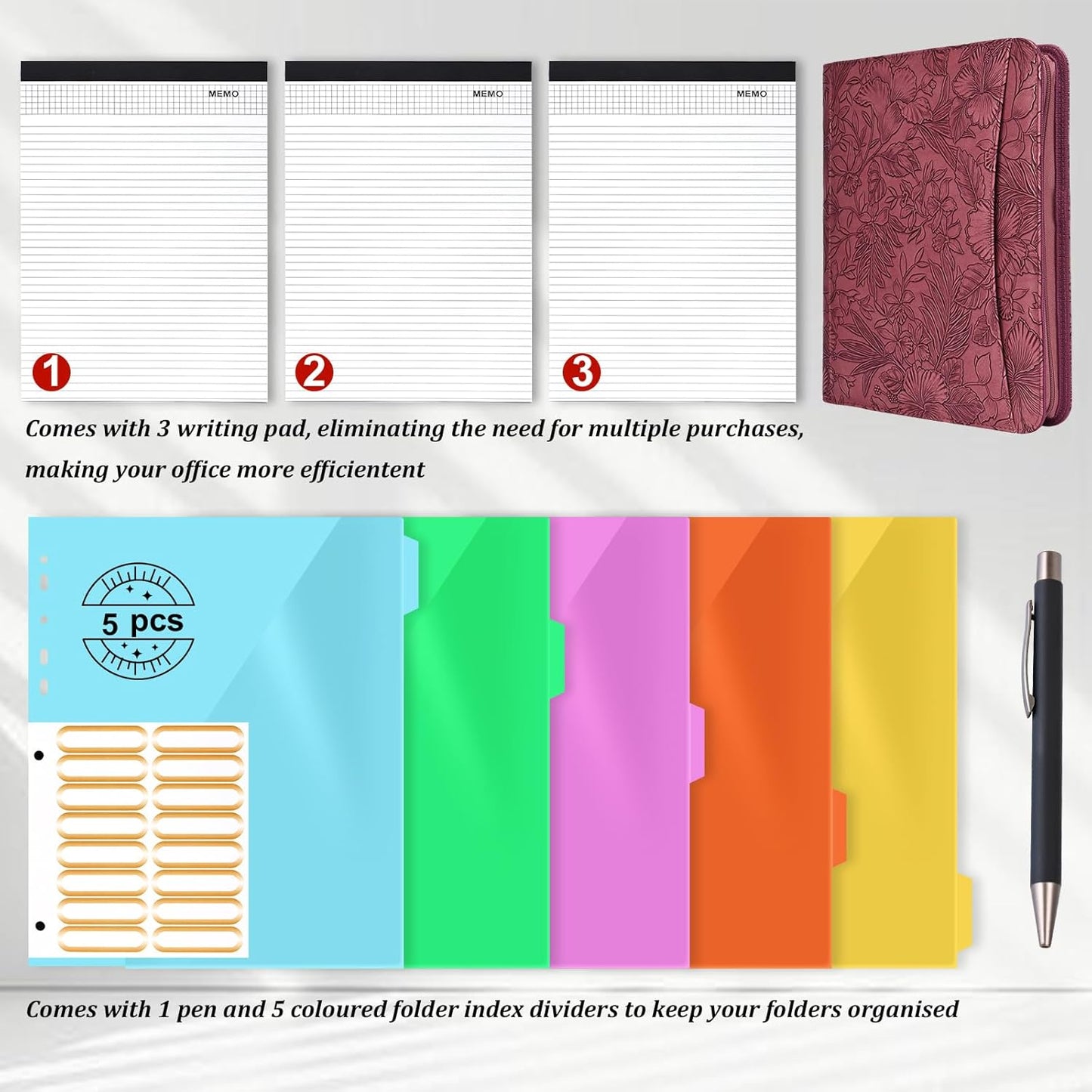 Leathario Portfolio Binder, Includes 10 Sheet Protectors and 3 Notepads, 3-Ring Folder Organizer, A4 Padfolio with Zipper, Vegan Leather Tablet Sleeve, Business Office Conference Clipboards