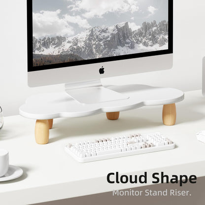 AFOOYO Monitor Stand Riser,Cloud-Shaped Sturdy Wood 16.5In Computer Monitor Riser Wirh Drawer, Multi-Purpose Desktop Organizer Riser for Computer,Laptop,Printer,TV,White