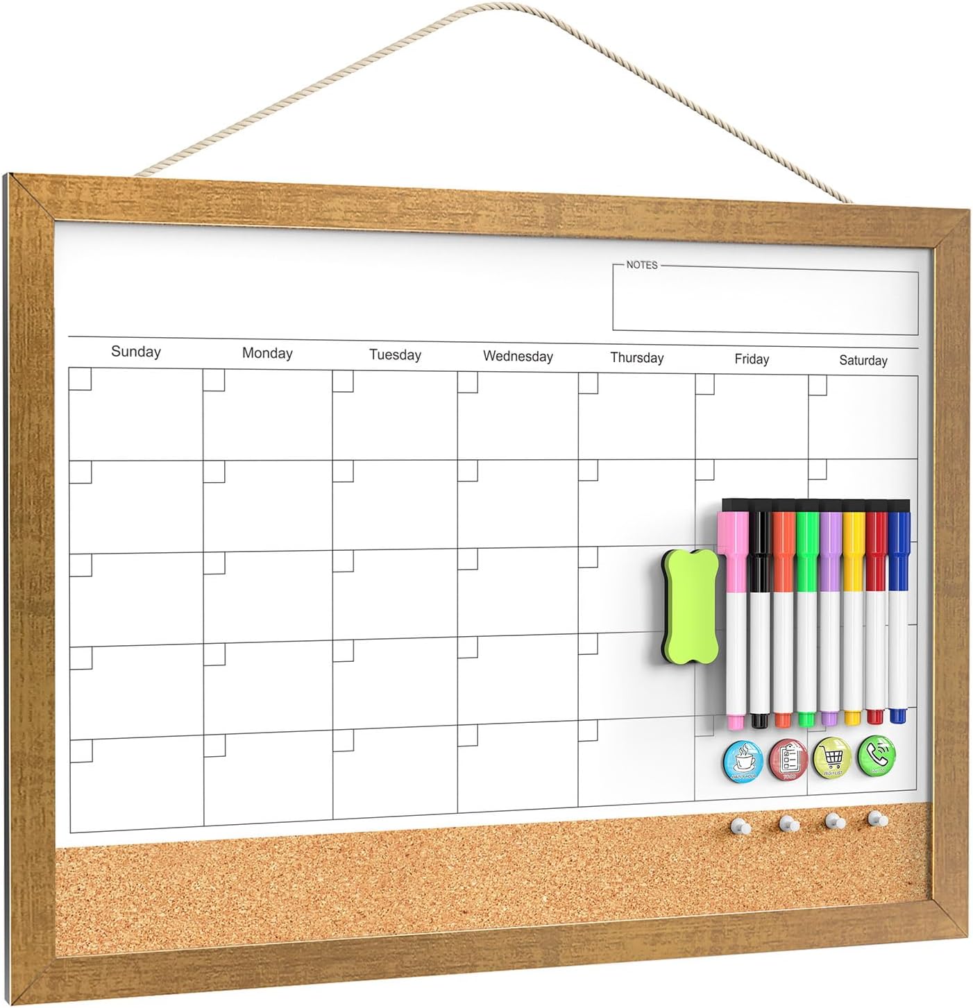 Calendar Whiteboard for Wall, TANKEE 17x13 Inches Whiteboard Calendar Cork Board Combo, Small Magnetic White Board with Wood Framed, Hanging Dry Erase Board for Kitchen Home Office School Planner