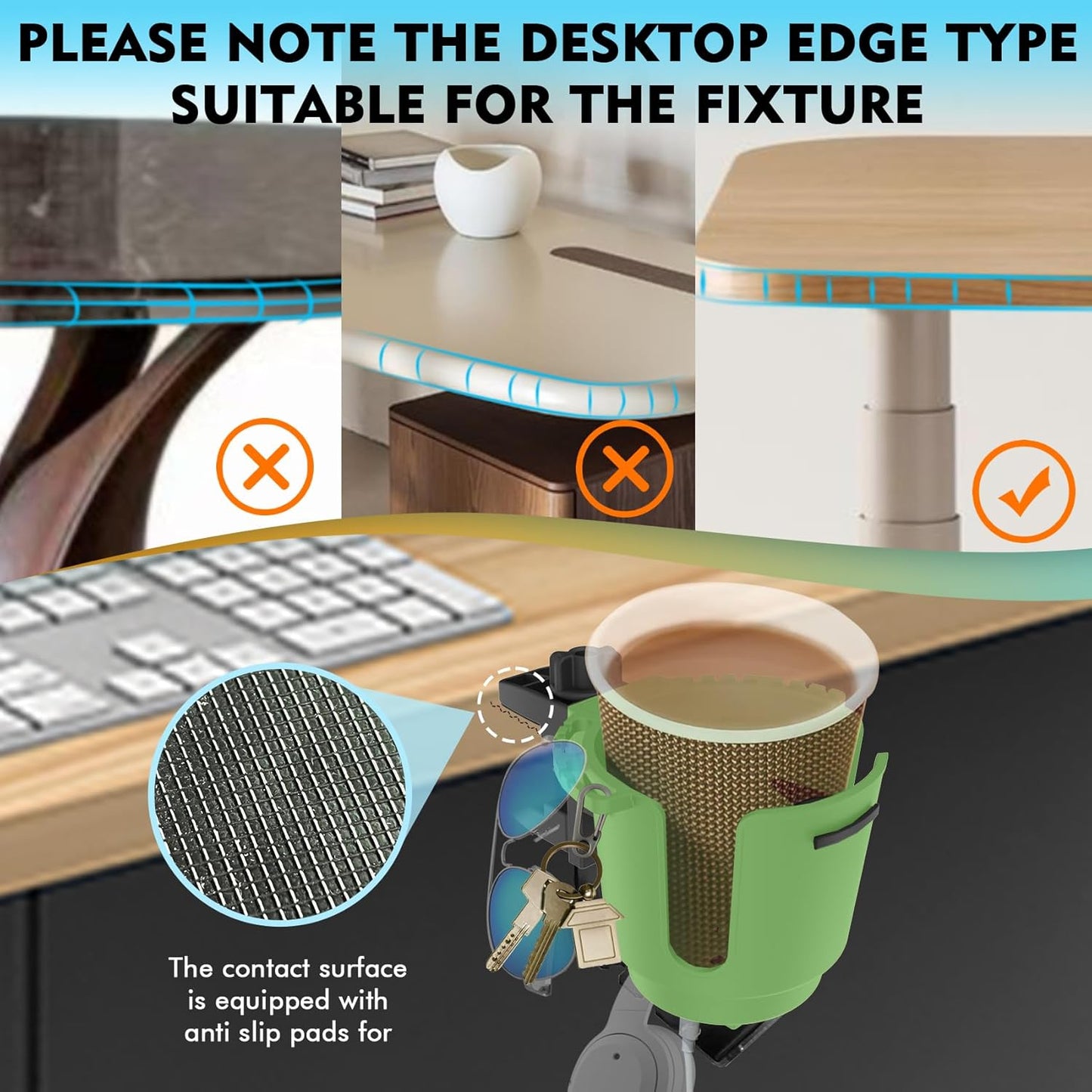 Desk Cup Holder with Headphone Hanger, Clip on Cup Holders for Desks with Spill-Proof Cup Design, Easy to Install, Enough to Hold 8-28OZ Coffee Cups, Water Bottles. (Black, Medium)