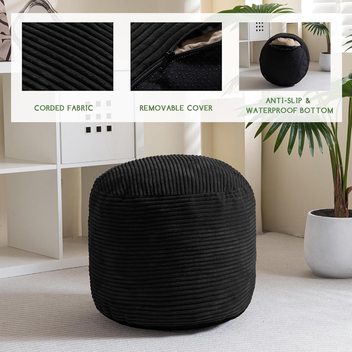 HIGOGOGO Round Stuffed Pouf Ottoman, Corduroy Poufs with Foam Chunk Filling, Furry and Fluffy Pouf Foot Stool Storage Ottoman, 20 X 15 Floor Poufs Foot Rest for Living Room, Dark Grey
