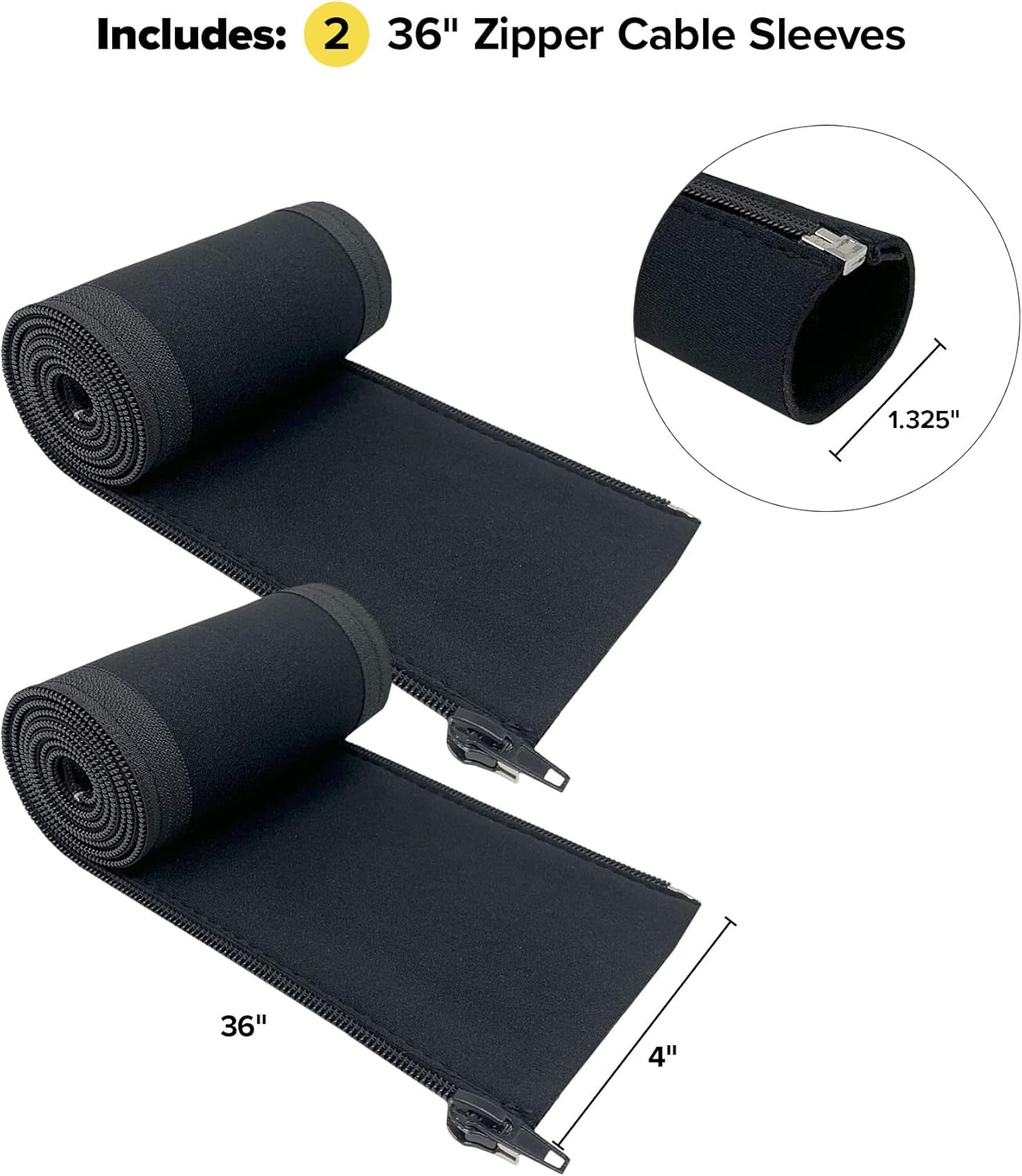 Zipper Cable Sleeve by Wrap-It Storage - 24" x 4" (4-Pack) Black - Cord Organizer and Cable Protector for Desk, Computer, TV Cord Management to Hide and Cover Wire and Extension Cables