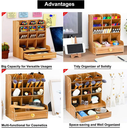 Marbrasse Wooden Desk Stationary Organizer, Multi-Functional Pen Holder, Storage Rack for School Home Office Art Supplie (B16-Cherry Color)