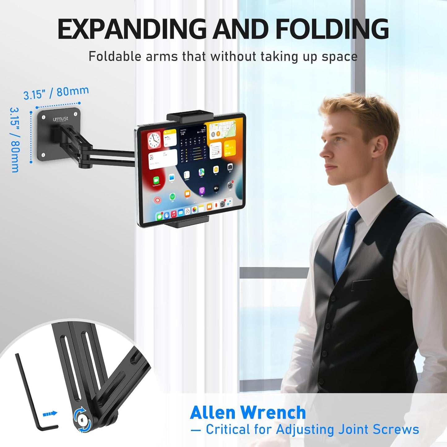 Urmust Tablet Stand for Desk, Adjustable iPad Holder for Bed, 360° Rotation, Sturdy Aluminum Tablet Arm Mount for 4.7"-15.6" iPad Pro/Air/Mini, iPhone, Galaxy Tab, for Kitchen, Work, Video Call