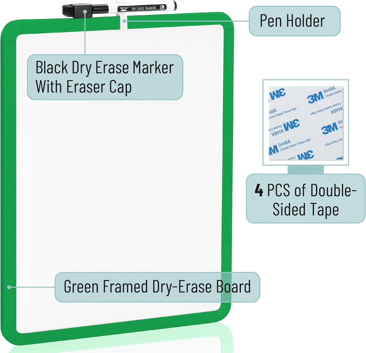 Mr. Pen- Dry Erase Board, 14” x 11” with a Black Dry Erase Marker, White Frame, Small Mini White Board for Students, Fridge, Wall, Locker, Includes Double Sided Tapes