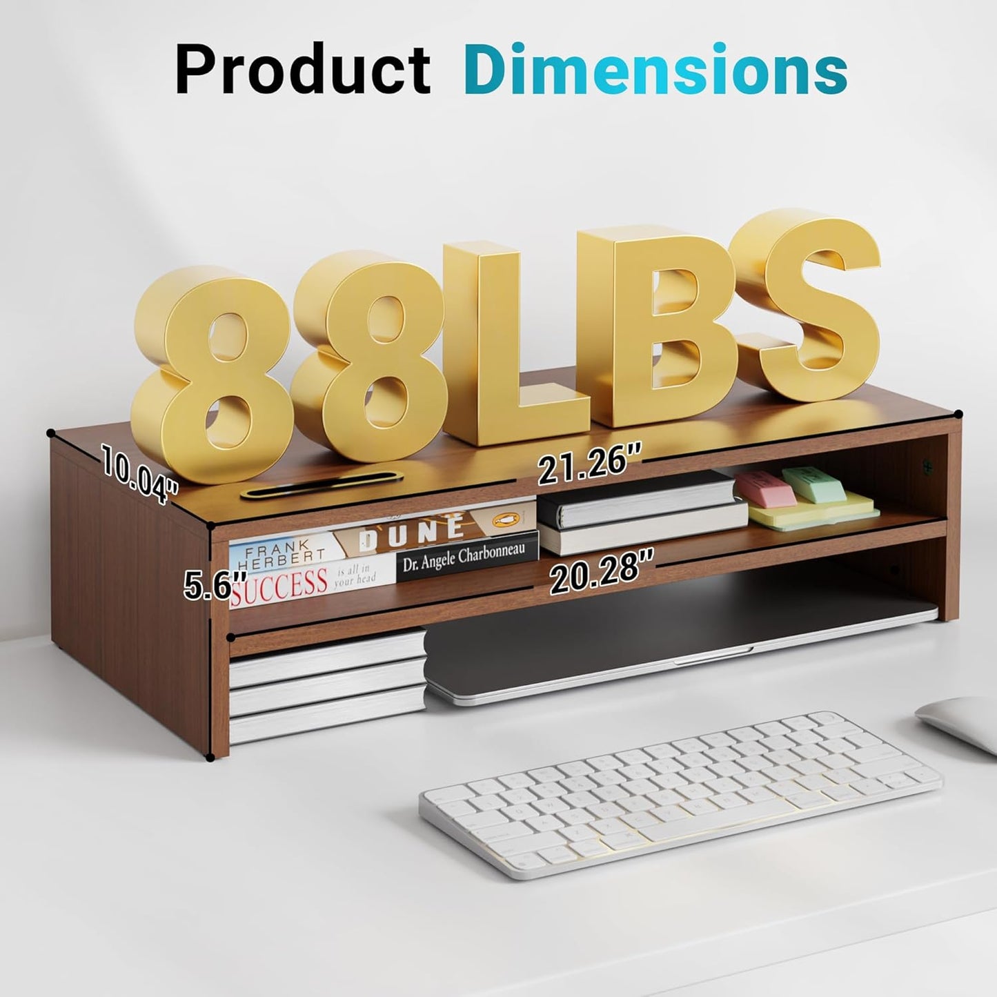 BONTEC Wooden Monitor Stand Riser for Desk, 2-Tier Computer Monitor Stand with Storage, 66 lbs Desk Shelf Organizer, Laptop & Printer Stand with Phone Holder and Cable Management, White, 16.5 Inch