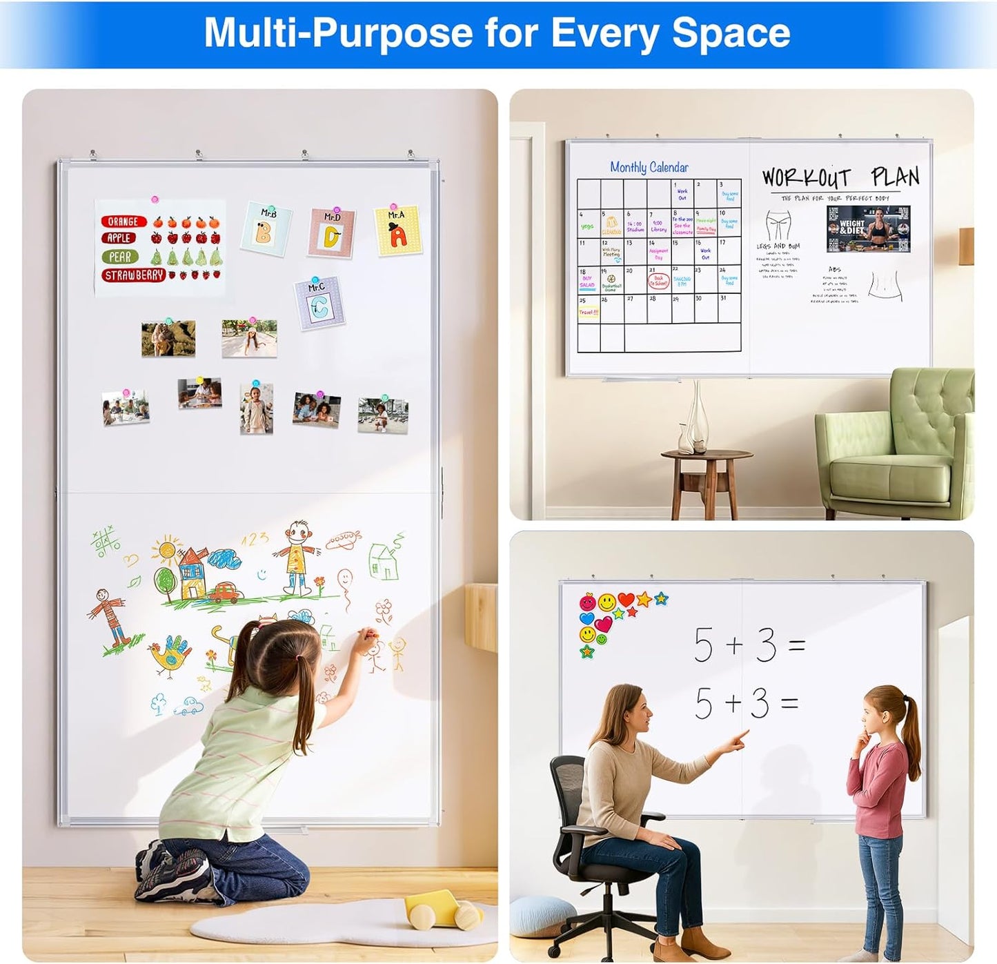 Magnetic White Board Dry Erase Board for Wall，72" x 40" Wall-Mounted Aluminum Frame Marker Board, Foldable Portable Whiteboard with a Long Pen Tray for School, Classroom, Office & Home