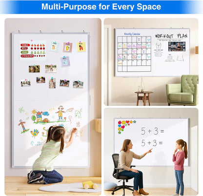 Magnetic White Board Dry Erase Board for Wall，72" x 40" Wall-Mounted Aluminum Frame Marker Board, Foldable Portable Whiteboard with a Long Pen Tray for School, Classroom, Office & Home