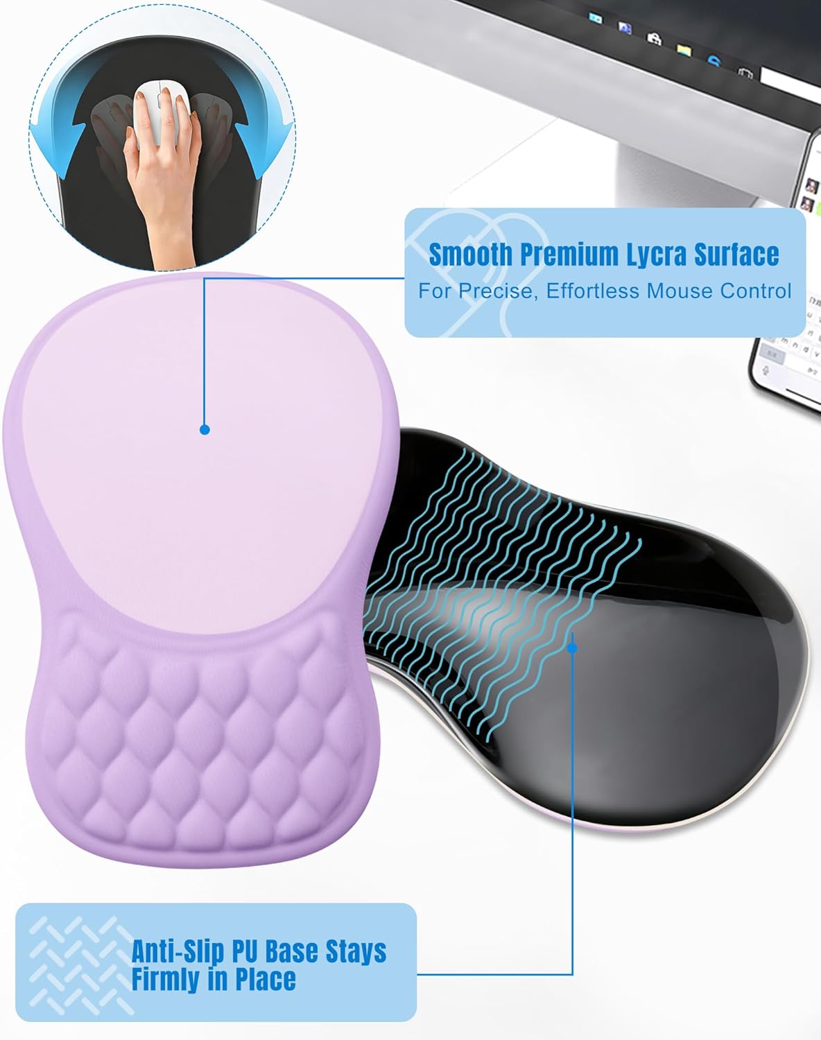 Ergonomic Mouse Pad with Wrist Rest, Slope Design Memory Foam Support, Smooth Lycra Surface, Non-Slip PU Base, Comfortable Mouse Mat for Office, Home, Computer Desk (Black)
