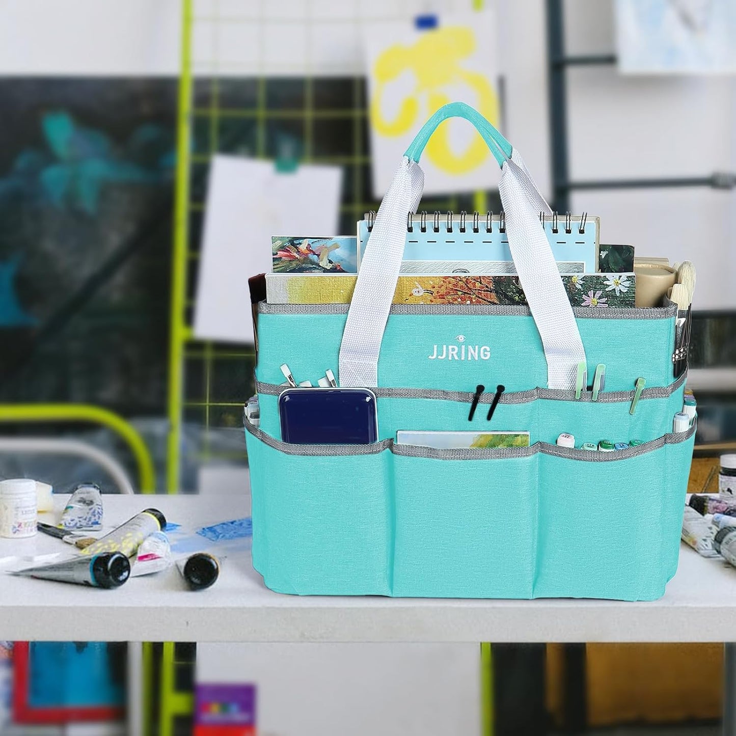 JJRING Craft Organizer Tote Bag for Art Storage, Caddy with Multiple Pockets, Bluish Green Sewing Bag for Scrapbooking, School, Medical, and Office Supplies