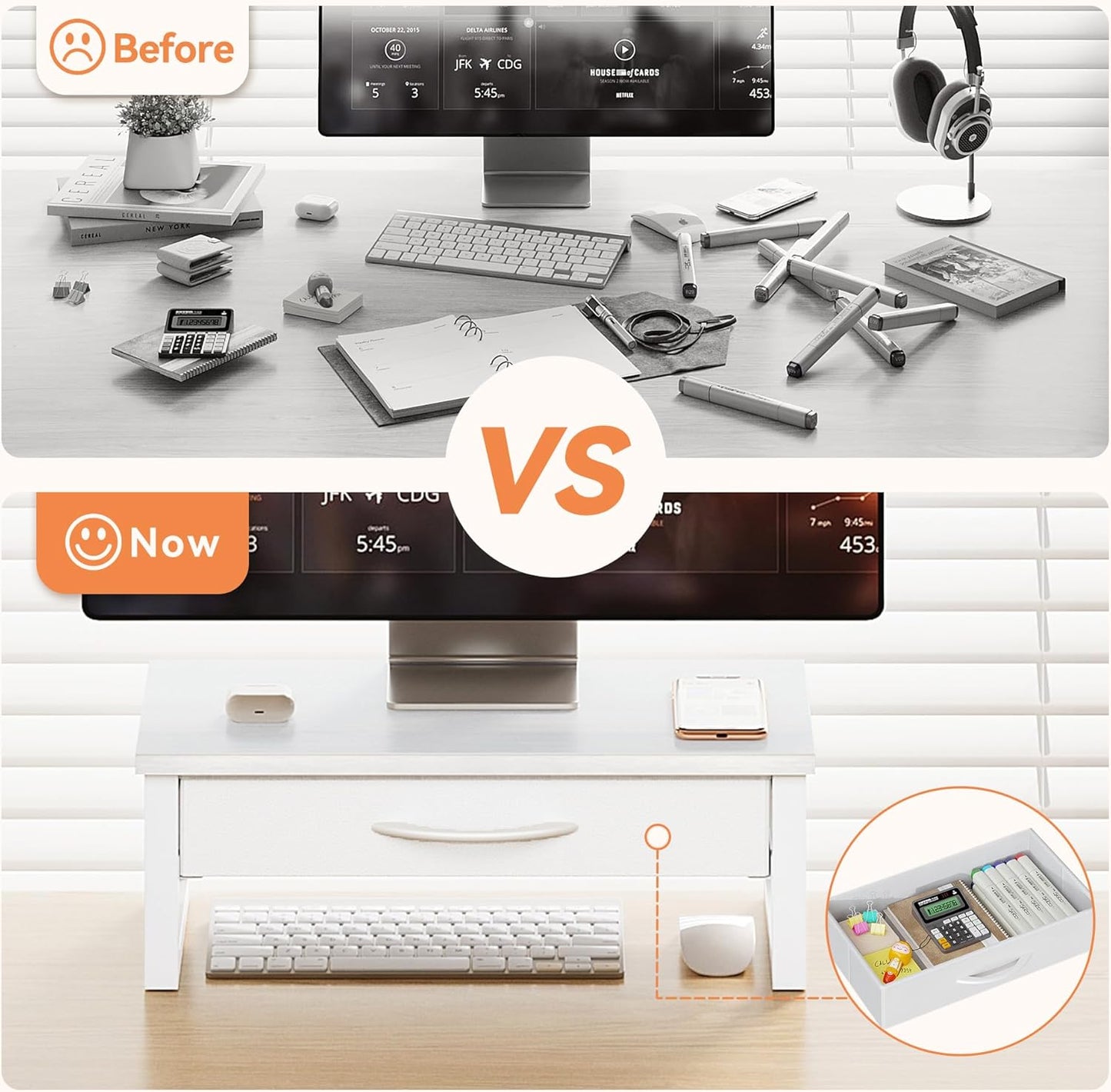 Computer Monitor Stand Riser, Desk Organizers and Accessories with Drawer, 2-Tier Laptop Stand for Desk, Office Organizer Storage, Wood