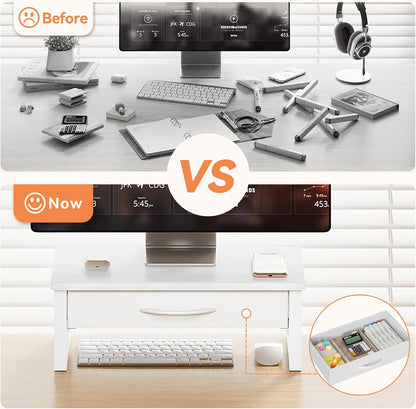 Computer Monitor Stand Riser, Desk Organizers and Accessories with Drawer, 2-Tier Laptop Stand for Desk, Office Organizer Storage, Wood