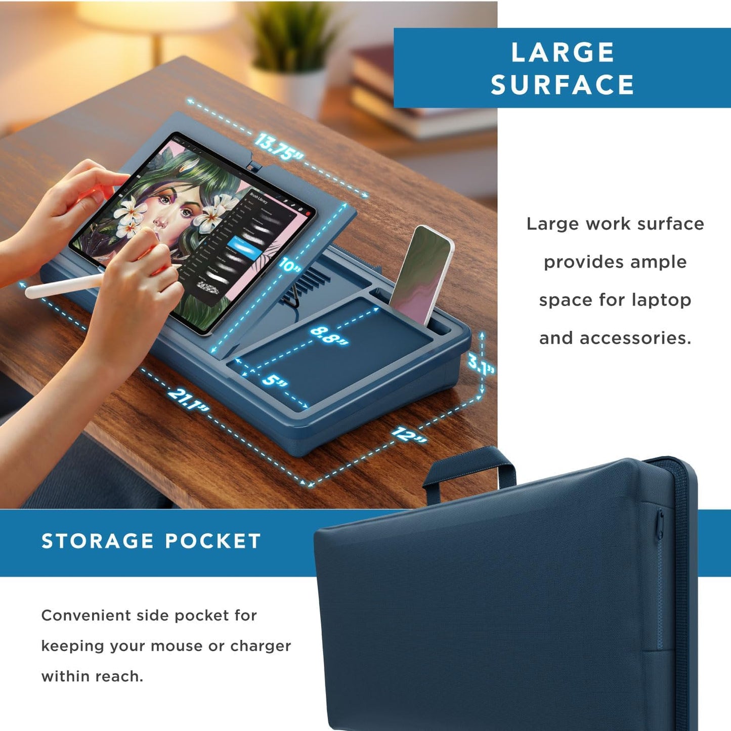 LAPGEAR Ergonomic Pro 2.0 Lap Desk with 9 Adjustable Heights, Built-in Mouse Pad & Phone Slot – Full Microbead Cushion, Storage Pocket – Fits Laptops up to 15.6" – Dusty Rose – Style No. 49504