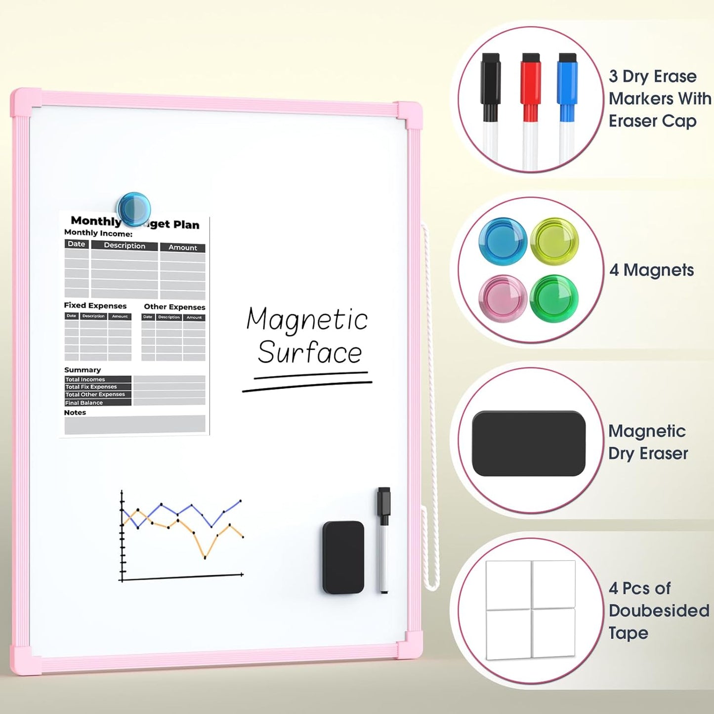 MaxGear Double-Sided Dry Erase Board for Wall, 16"x12" Hanging Whiteboard, Small Dry Erase White Board with 3 Markers and 4 Magnets, Portable Whiteboard for Planning, Drawing, Memo, to Do List