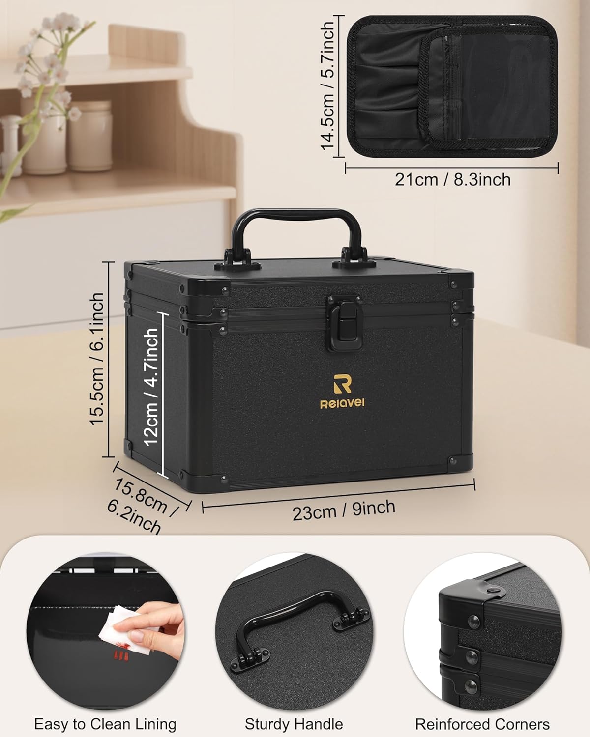 Relavel Travel Makeup Bag With LED Mirror, Cosmetic Train Case with Light up Mirror, Portable Makeup Artist Organizer Bag with Adjustable Dividers, Makeup Brush Holder Storage, Black