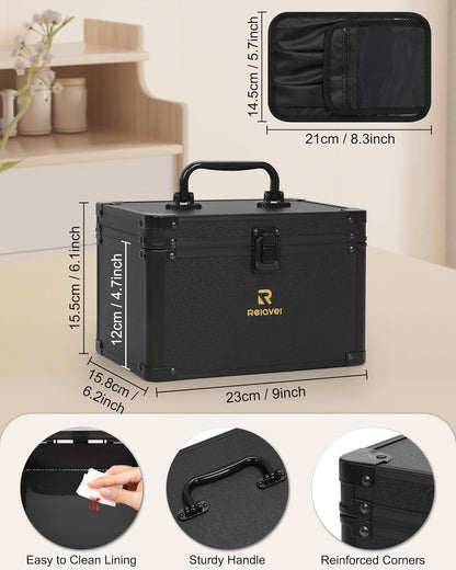Relavel Travel Makeup Bag With LED Mirror, Cosmetic Train Case with Light up Mirror, Portable Makeup Artist Organizer Bag with Adjustable Dividers, Makeup Brush Holder Storage, Black