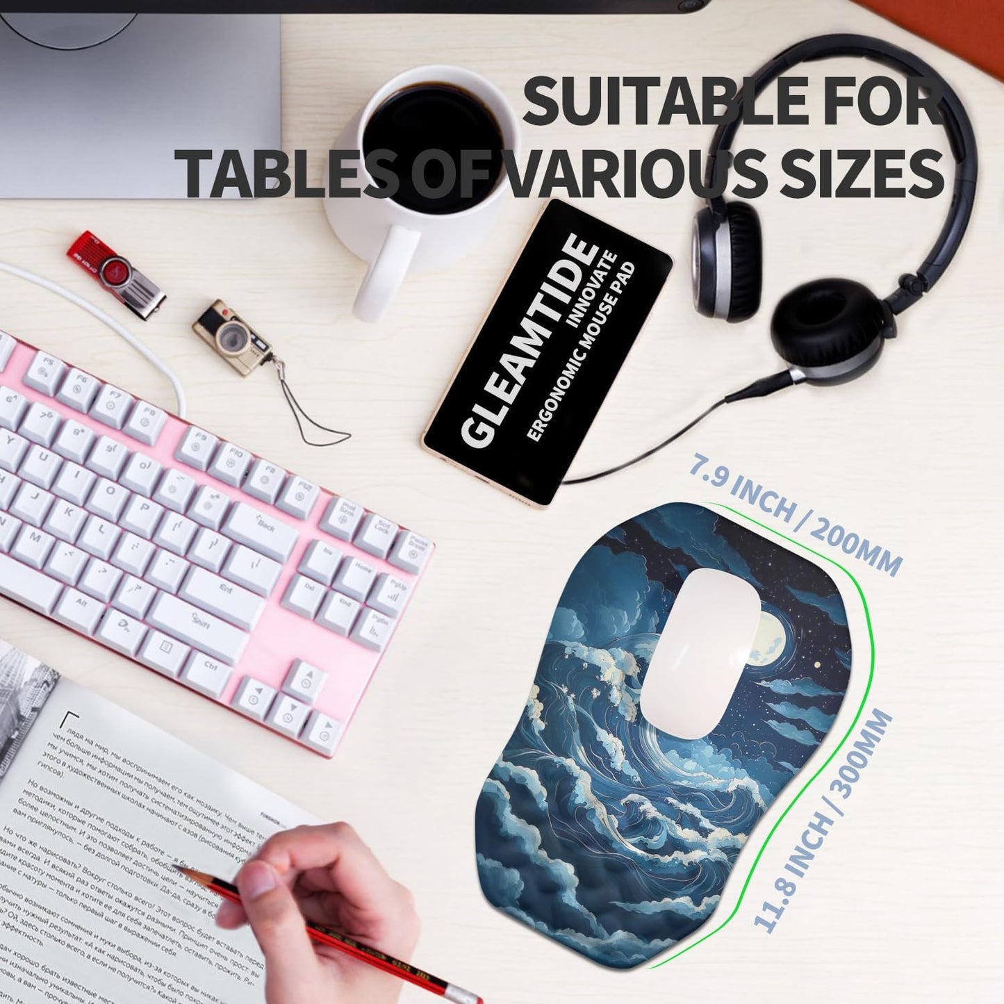 Ergonomic Raised Mouse Pad Wrist Support with Bilateral Slope Memory Foam Mousepad for Wrist Rest and Carpal Tunnel Pain Relief 11.8x7.9〃 Black