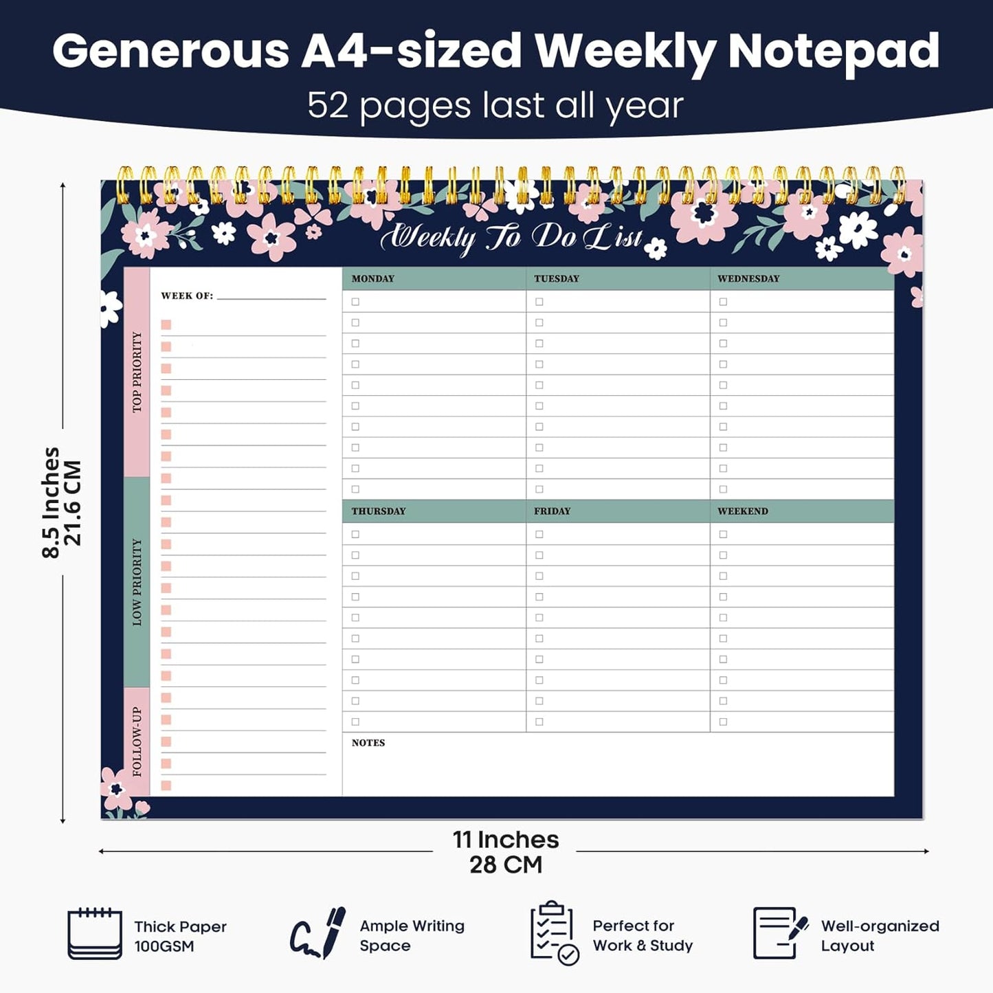Weekly To Do List Notepad with 52 Undated Sheets（8.5"×11"）- Undated Weekly Planner Notepad for Office Desk Accessories and Supplies - Midnight Lilac