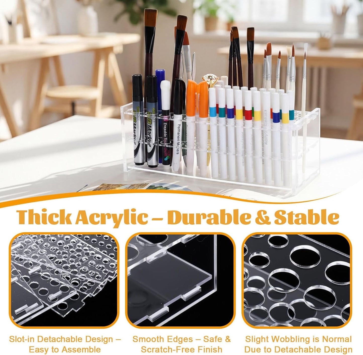 Novabright 2 Pack 105 Holes Acrylic Paint Brush Holder Organizer, Clear Pen Display Stand Rack Detachable Makeup Brush Holder for Pencils Artist Desk, Easy Assembly Art Supplies Storage