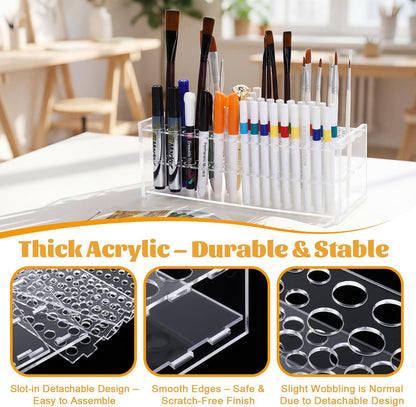 Novabright 2 Pack 105 Holes Acrylic Paint Brush Holder Organizer, Clear Pen Display Stand Rack Detachable Makeup Brush Holder for Pencils Artist Desk, Easy Assembly Art Supplies Storage
