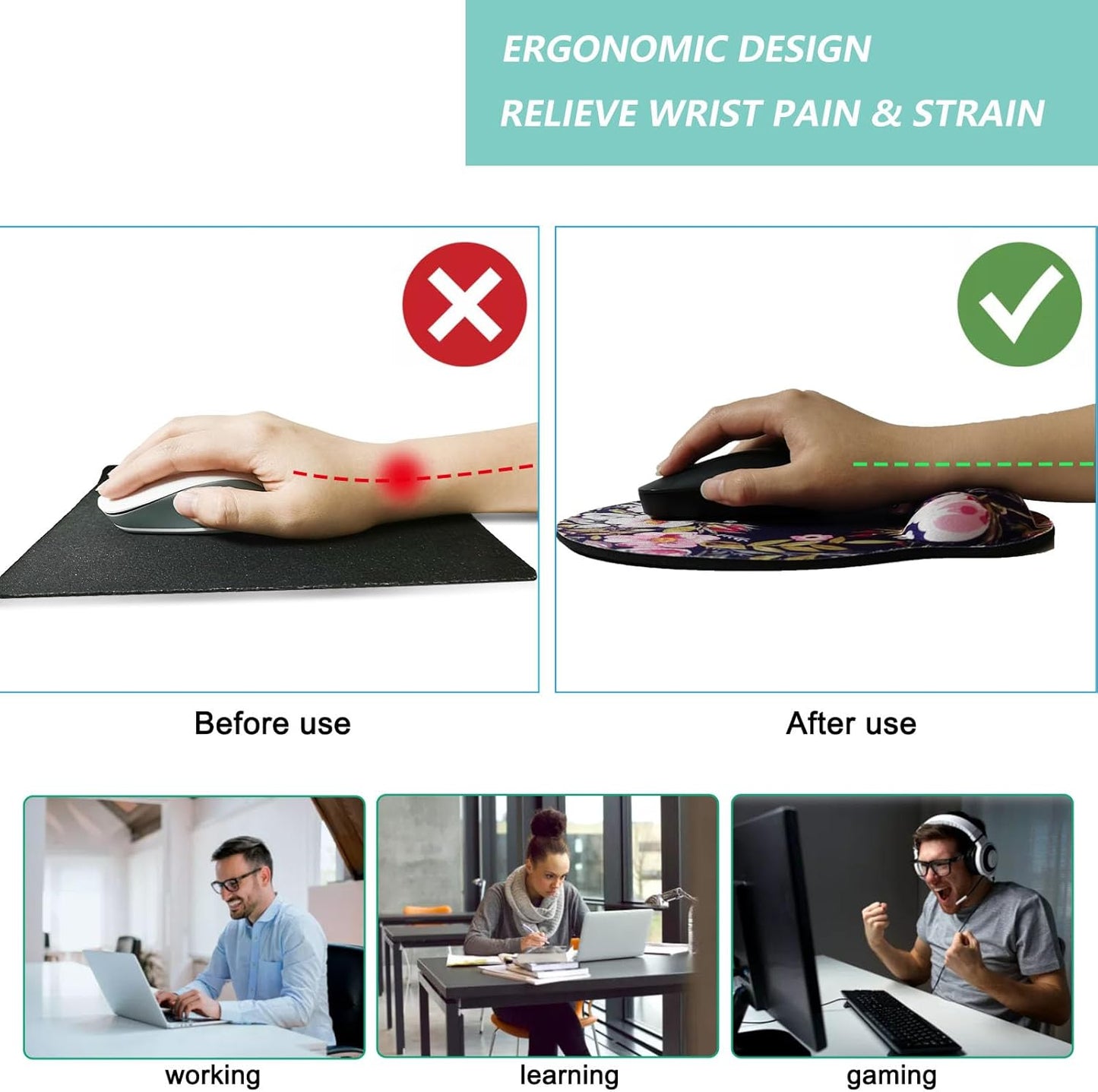 Mouse Pad with Wrist Support, Ergonomic Mouse Pad with Memory Foam Wrist Rest Cushion, Non-Slip Rubber Base Gaming Mice Pad for Home Office Computer Laptop, Flowers Grass