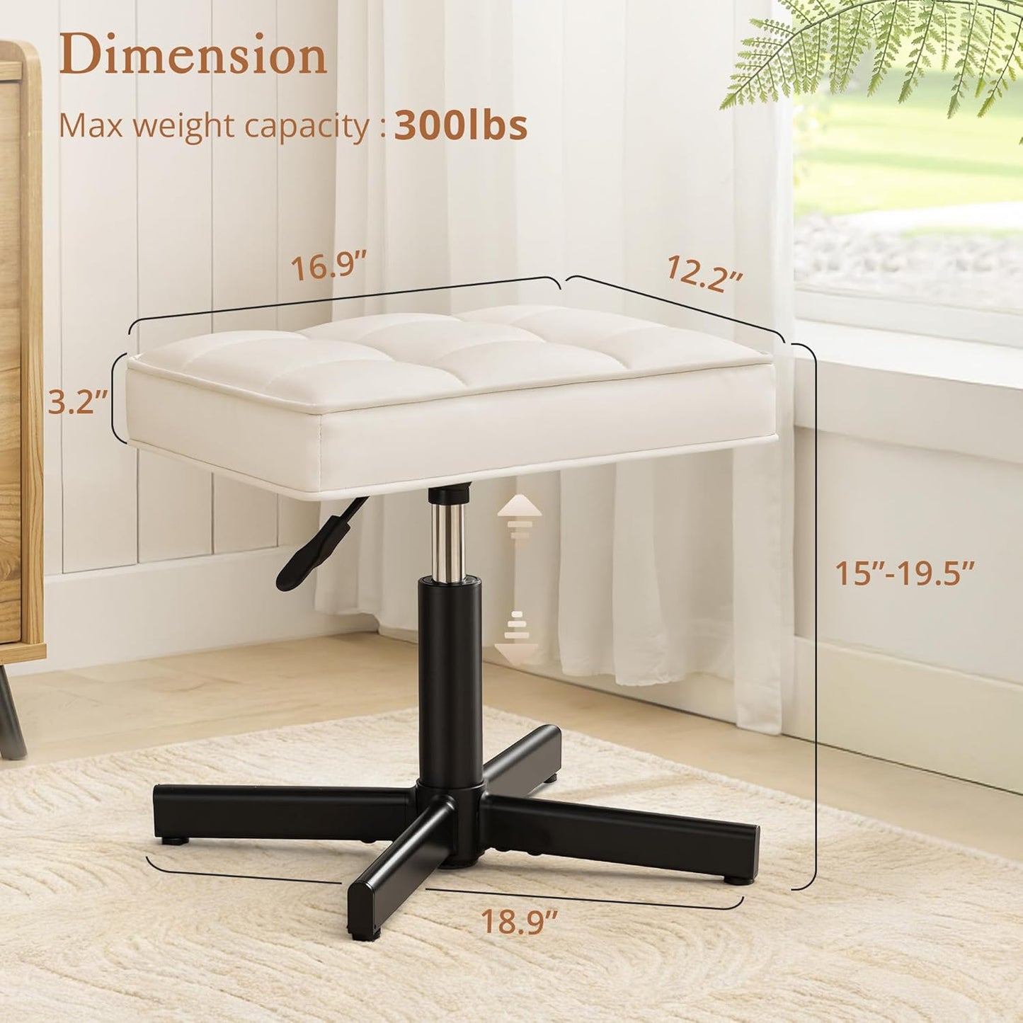 LUE BONA Adjustable Vanity Stool, Foot Rest Under Desk, 360° Swivel Vanity Chair for Makeup Room, Black Upholstered Faux Leather Ottoman for Bathroom & Living Room, 300lbs